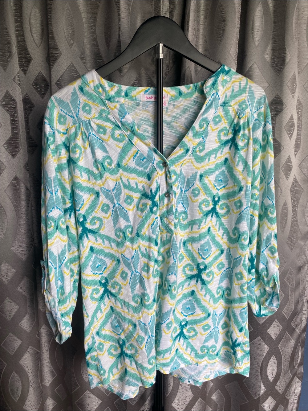 Fresh Produce Women’s Ikat Print V Neck Cotton Top Boho Blouse Size Large